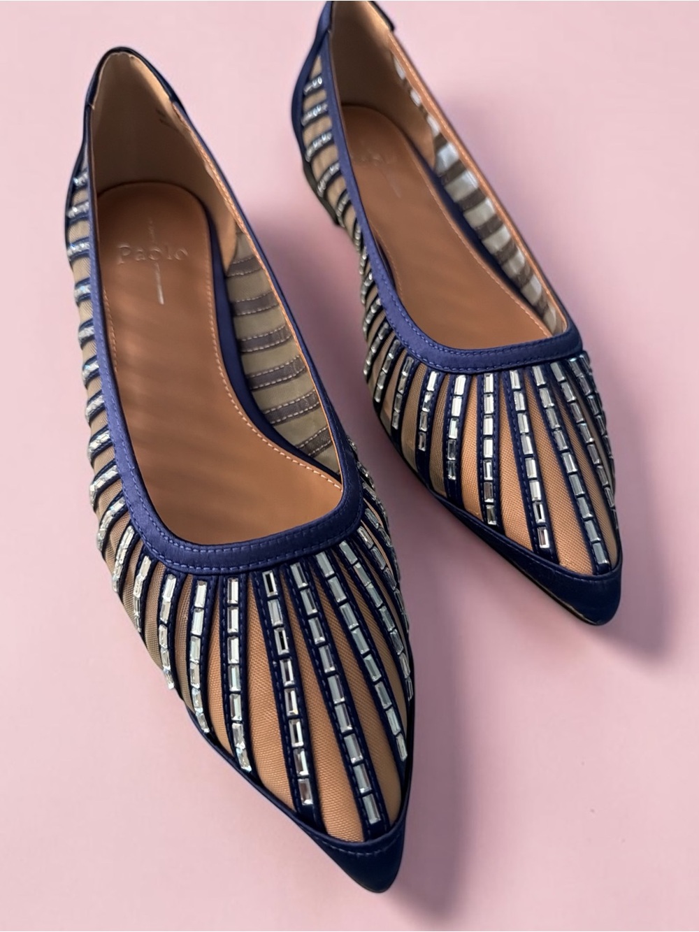 Paolo Navy Pointed Mesh Flats with Rhinestone Embellishment